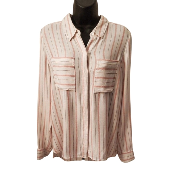 White House Black Market LS Pink White Striped Button Down Rayon Shirt Size 12 - Picture 1 of 9